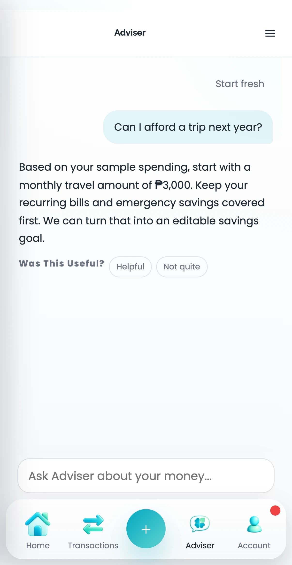 Actual Clover adviser mobile screen with fictional sample data