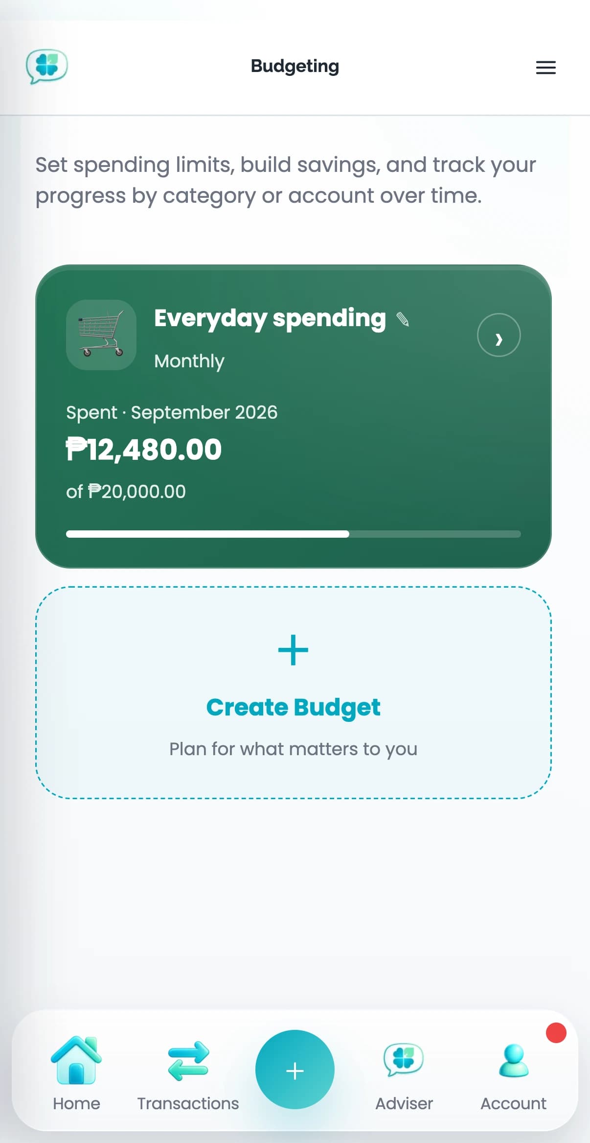 Actual Clover budget mobile screen with fictional sample data