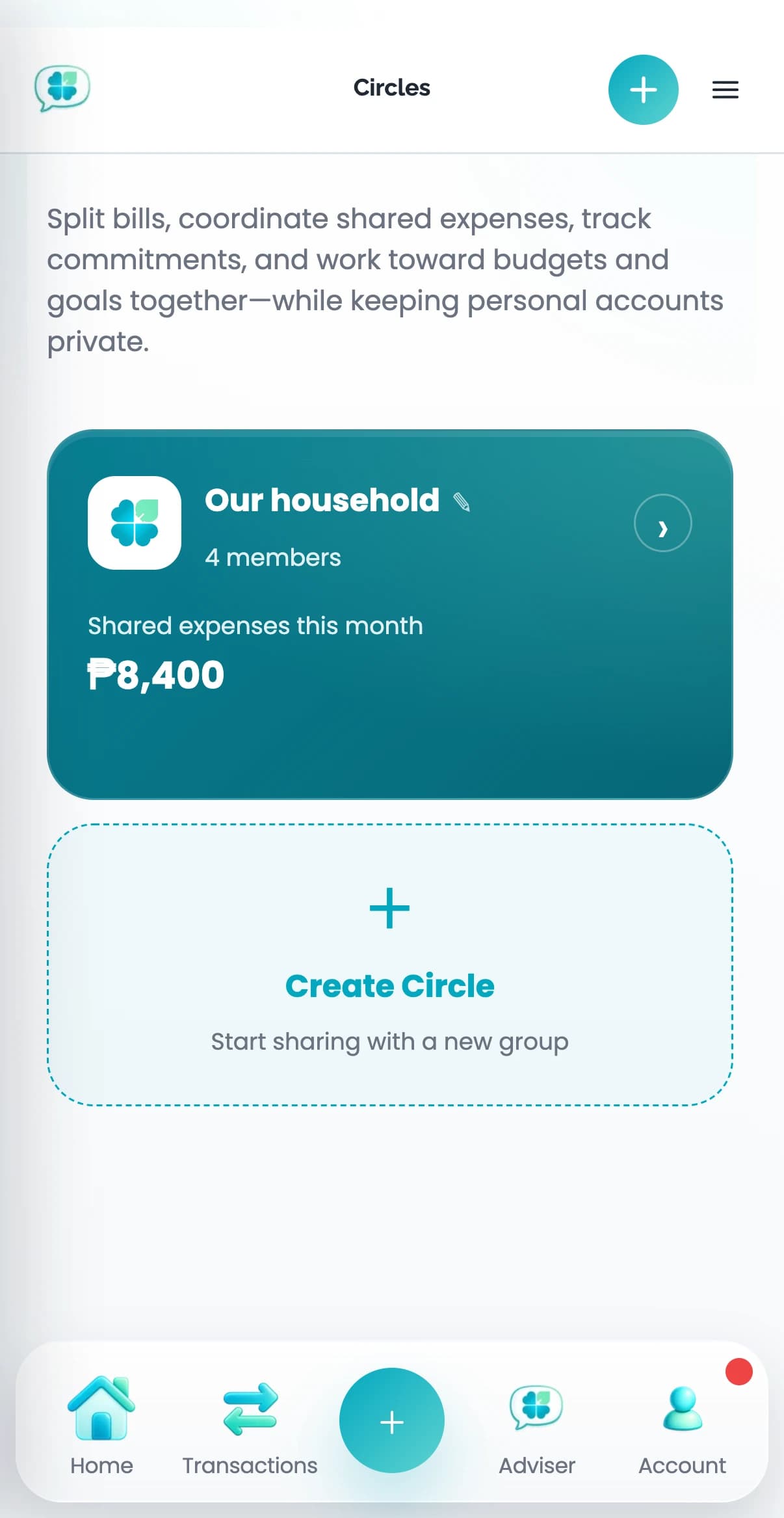 Actual Clover circles mobile screen with fictional sample data