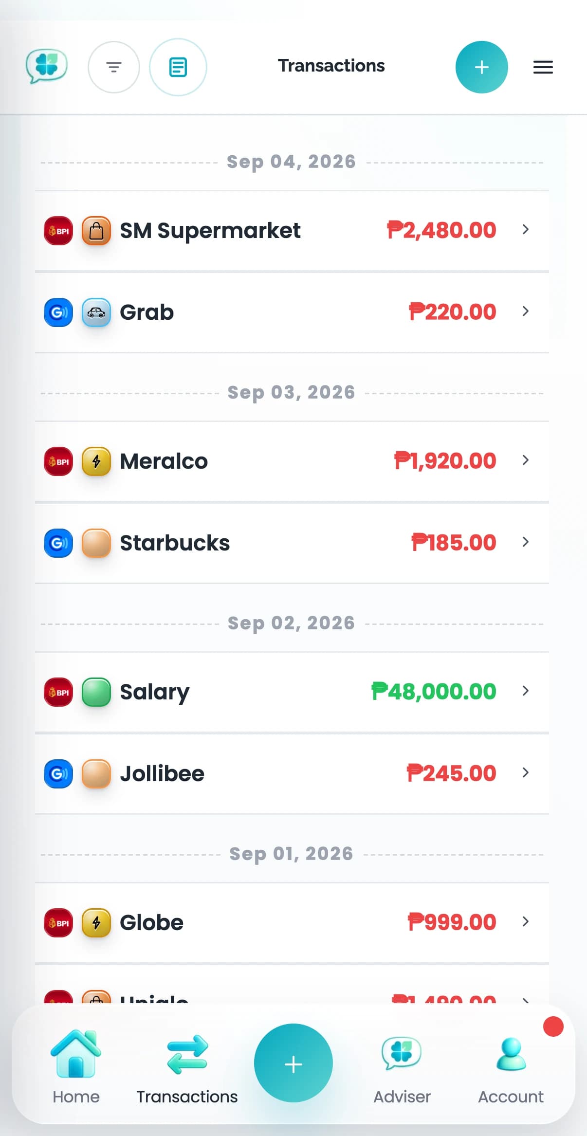 Actual Clover Transactions mobile interface with sample financial data and bottom navigation