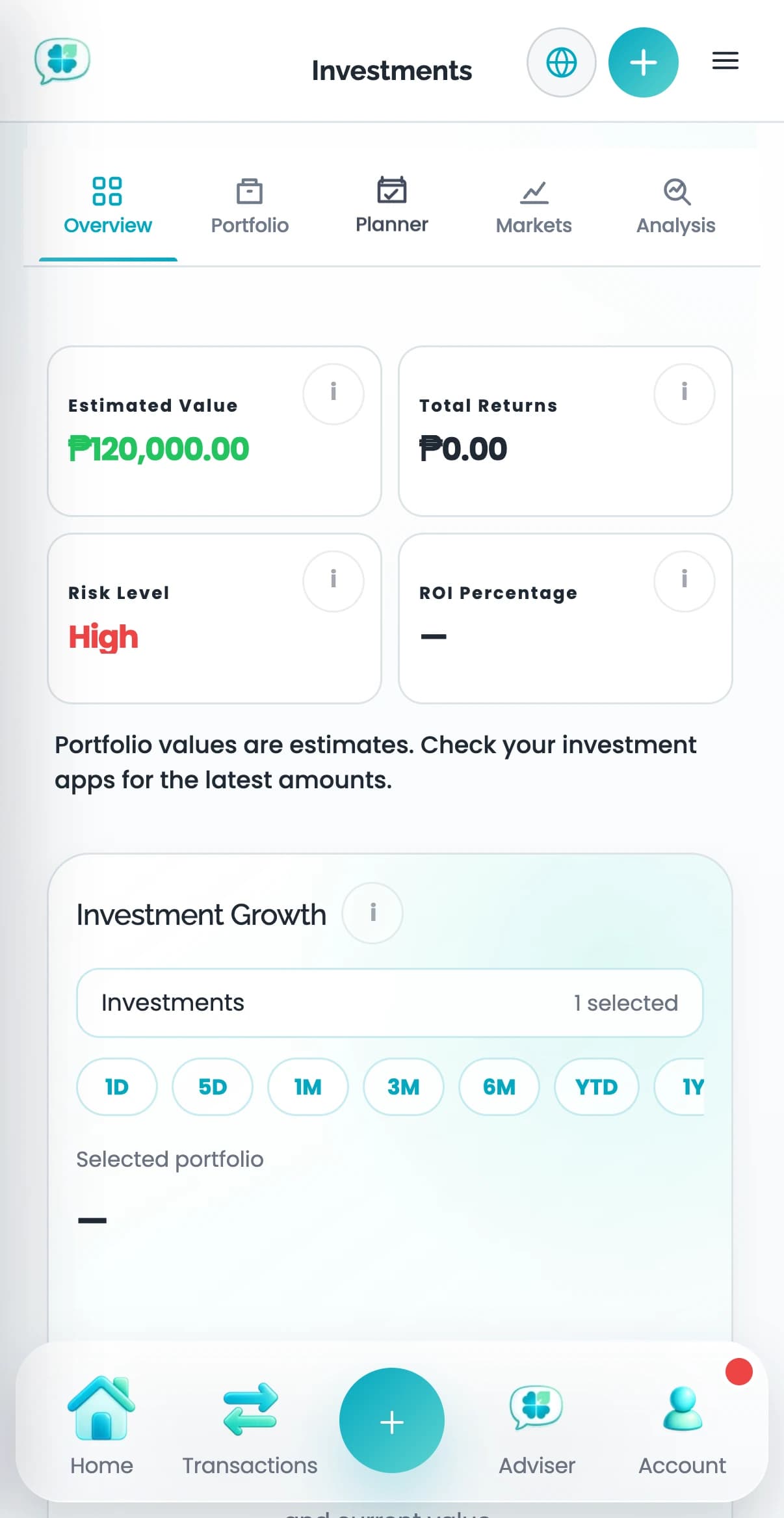 Actual Clover investments mobile screen with fictional sample data