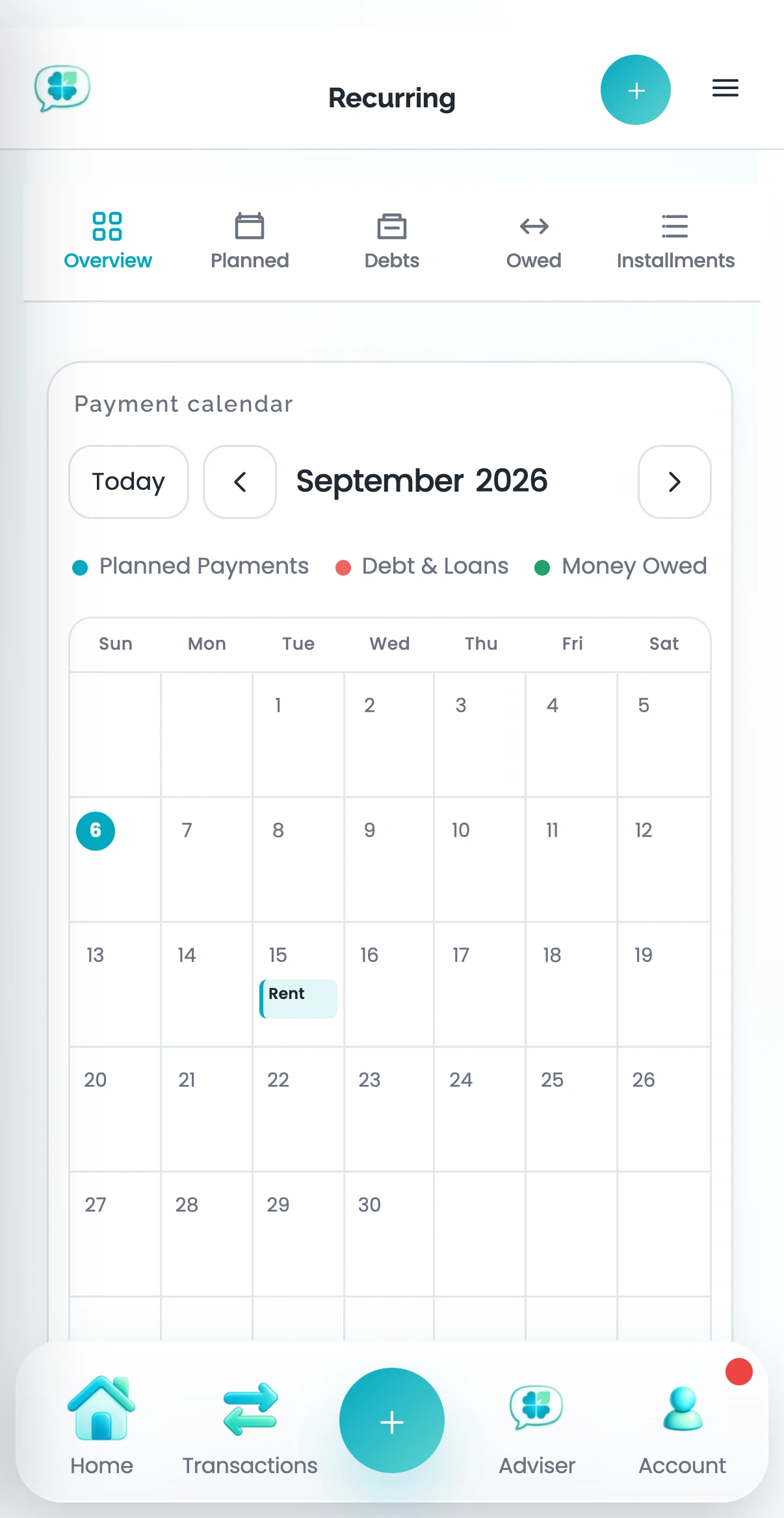 Actual Clover recurring mobile screen with fictional sample data