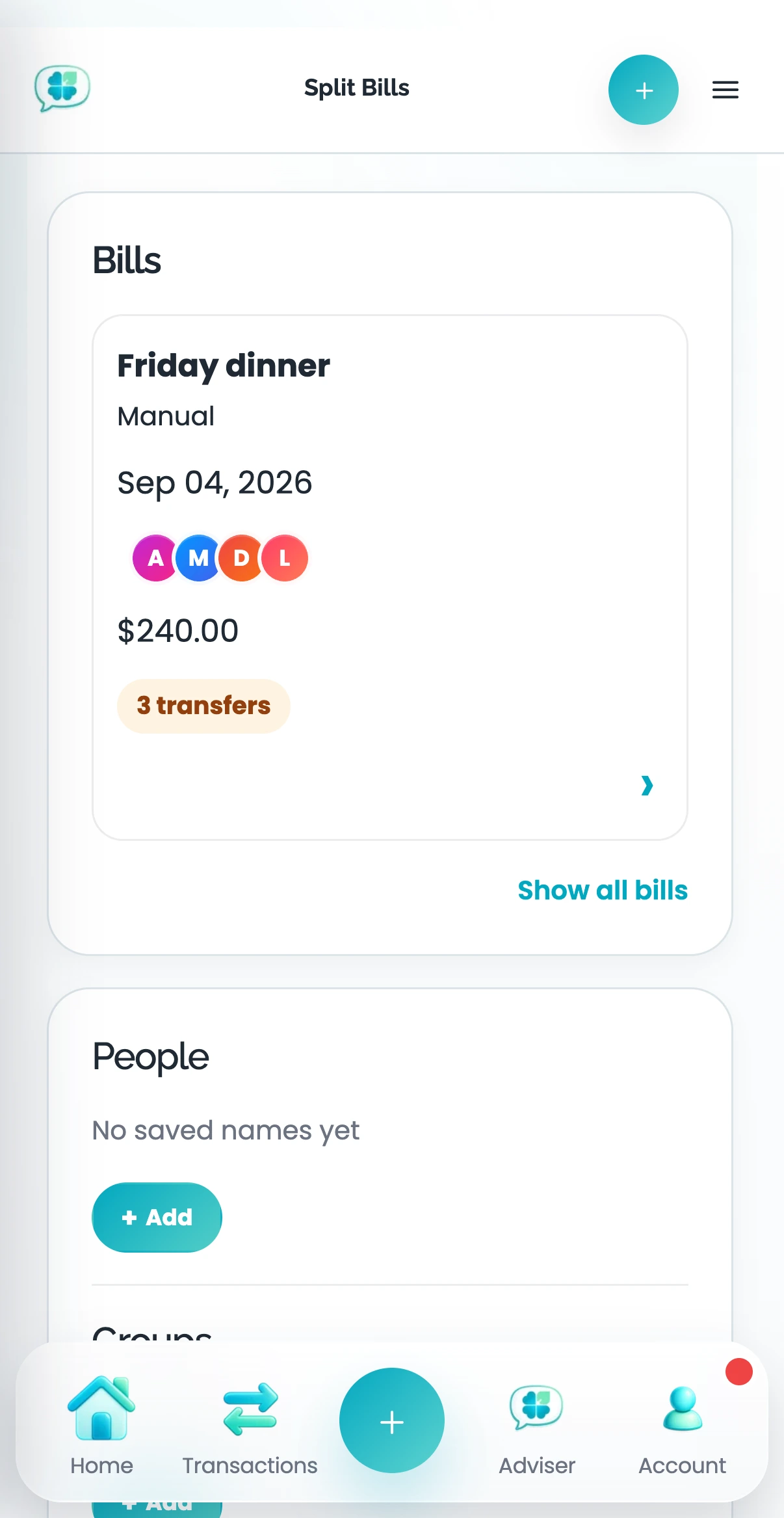 Clover mobile split screen with fictional sample data